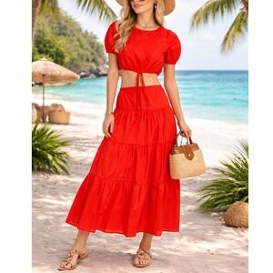 Tiered‎ Maxi Skirt Lg & Crop  Top M Red Cotton Poplin NWT Vacation Party Beach